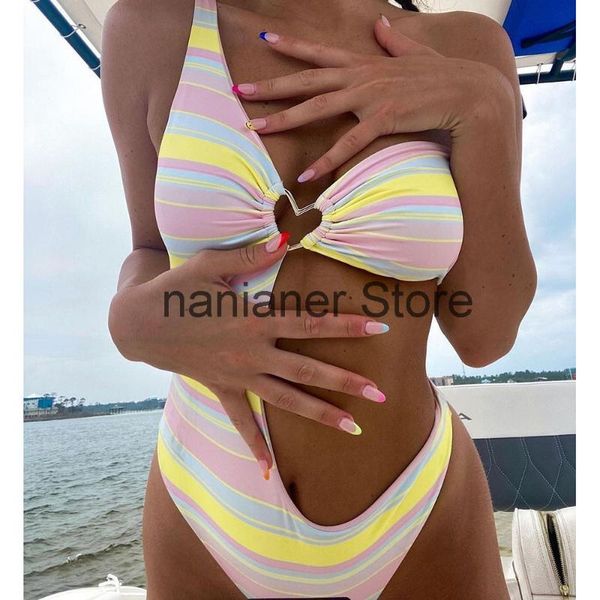 

one-piece suits one shoulder one-pieces hollow out hanging ring color stripe printed swimsuit for women 2021 personalized high waist