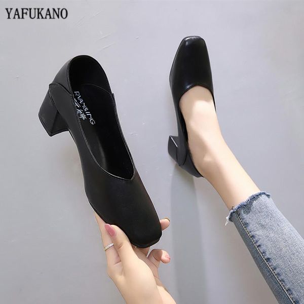 

dress shoes spring 2021 med heel soft leather women square toe pumps slip on daily work all match cozy female, Black