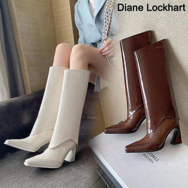 

boots femmes bottes women moden lady fold knee high heel pointed toe long boot female mirror winter shoes botas mujer, Black