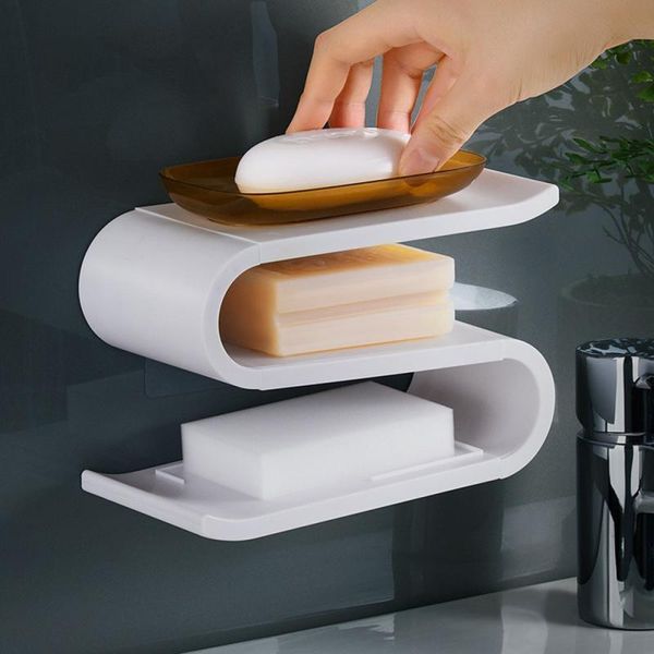 

soap dishes creative wall-mounted 3-layer dish modern simple punch-streamline storage sponge drain rack bathroom