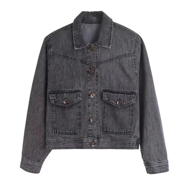 

women's jackets sherouse women fashion with pockets denim single breasted solid cropped jacket vintage lapel collar long sleeve female, Black;brown