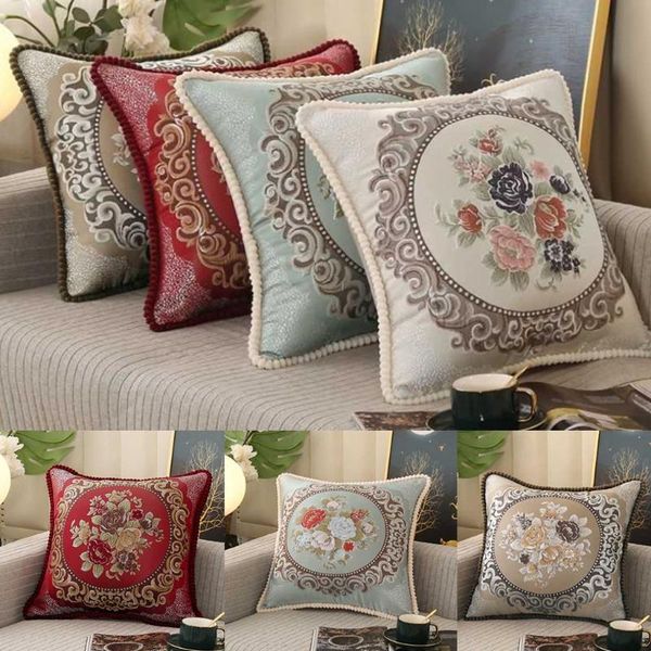 

pillow case european jacquard throw embroidery floral pom trim cushion cover