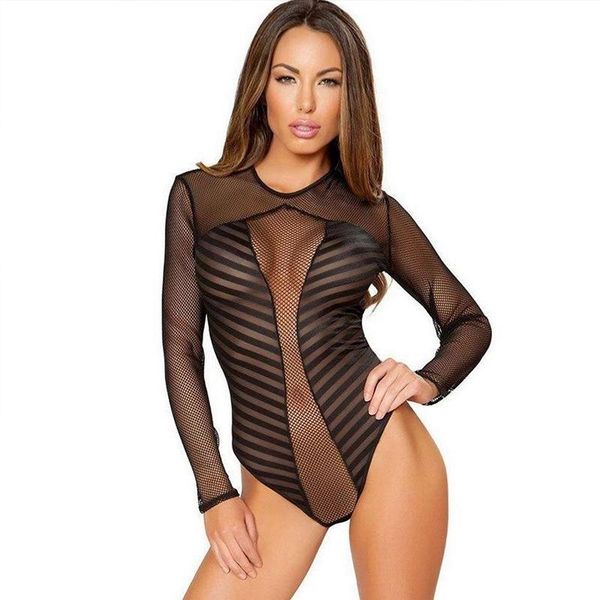 

fashion summer women's mesh hollow round neck long sleeve bodysuit one-piece suits