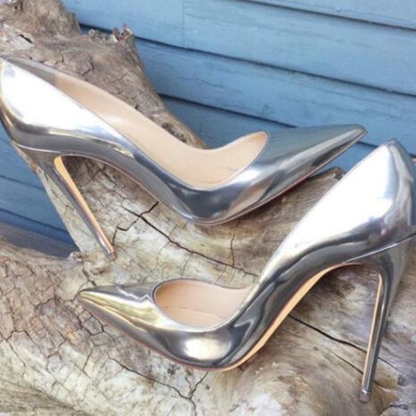 

dress shoes silver patent leather high heel pumps 8  12cm stiletto heels shallow pointed toe iridescent banquet party, Black