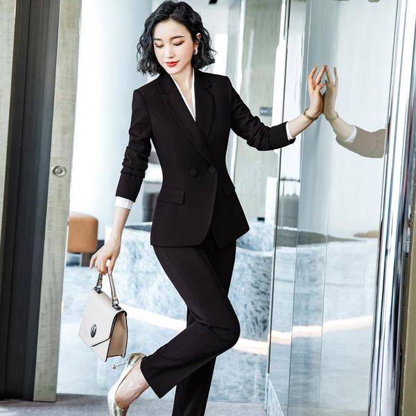 

pant dark blue red black female job formal career suit pants for lady in the office two matching pieces size s-4xl jacket with blazer, White