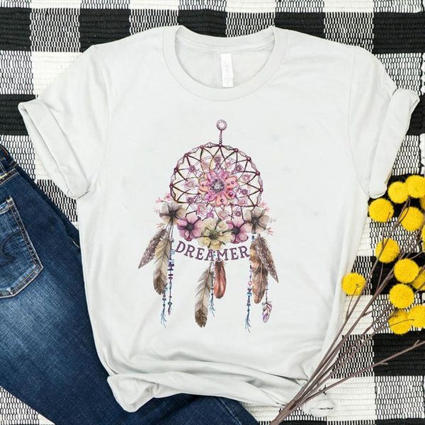 

dream tassel printed short sleeve women t shirt loose tee graphic, White