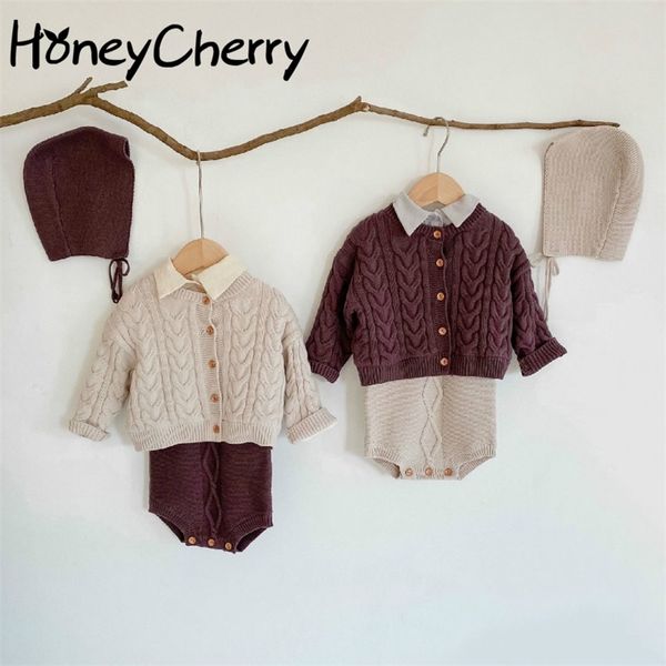 

fall and winter clothes infant knit sweater + sling romper + doll collar long-sleeved shirt little girl clothes 210701, White