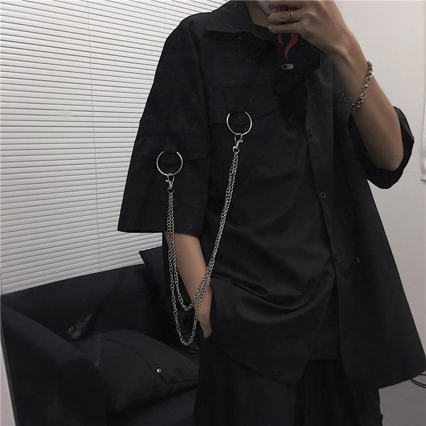 

men's casual shirts summer harajuku streetwear gothic black plus size loose short-sleeved blouse mens camisa masculina punk rave mens,c, White;black