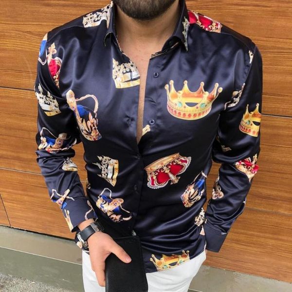 

men's casual shirts shirt crown print turn-down collar smooth long sleeve vintage buttons slim oversized streetwear clothing, White;black