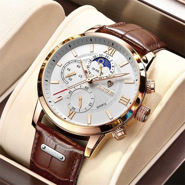 

lige men watches fashion leather waterproof luminous brand luxury mens quartz wristwatch men relogio masculino+box 211122, Slivery;brown