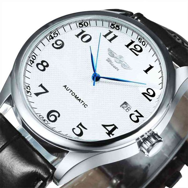Mode Business Automatische Mechanische Uhr Männer Time Master Lederband Weißes Zifferblatt Kalender Datum montre homme WINNER Classic 210804