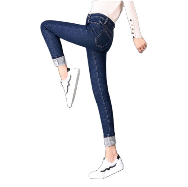 

women's jeans winter plus velvet high waist thickened warmth stretch was thin, wearing pants with small feet, Blue