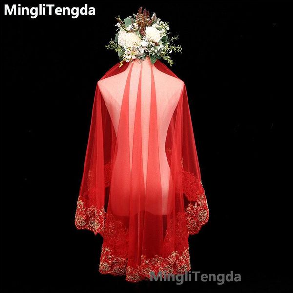 

bridal veils 2021 veu de noiva one layer 1.5 m long red wedding veil short full lace velos novia cover mingli tengda, Black