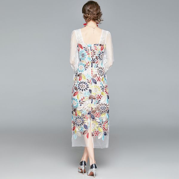 

casual dresses 2021 summer embroidery dress women runway flare sleeve square collar patchwork mesh floral midi vestidos robe femm, Black;gray