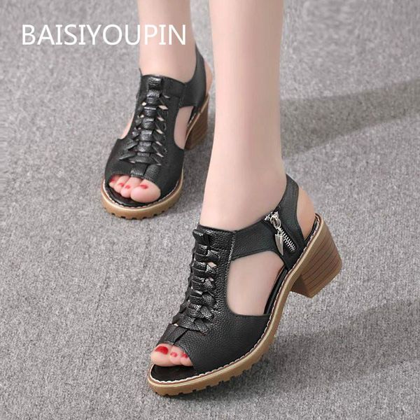

dress shoes women sandals fashion flat zapatos de mujer pu leather fish mouth thick heel side zipper solid casual, Black