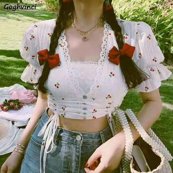 

women's blouses & shirts women cherry-print puff-sleeve bf lace thin summer pullover slim all-match casual tender harajuku soft de, White