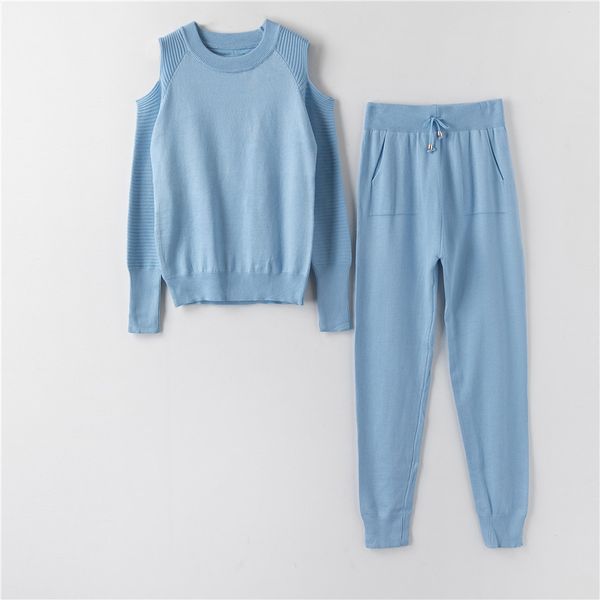 

12 colors 2 piece outfits for women sweatsuit winter autumn ladies' sweater pants set knitted o neck off shoulder wool 210420, White