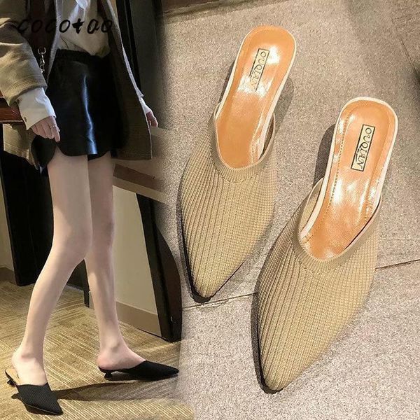 

slippers female spring and summer 2021 thick with muller sandals fashion pointed knit stretch retro toe cap half slipper, Black