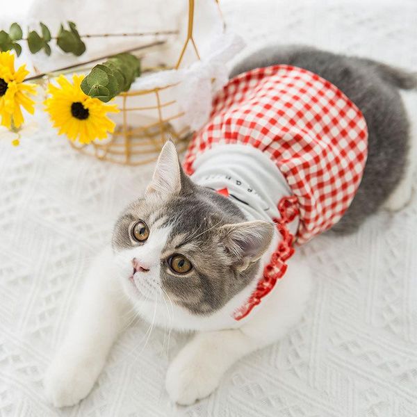 

cats cartoon cute soft pet wear kitten fashion plaid clothing summer thin small dog dress novelty puppy two feet clothes cat costumes
