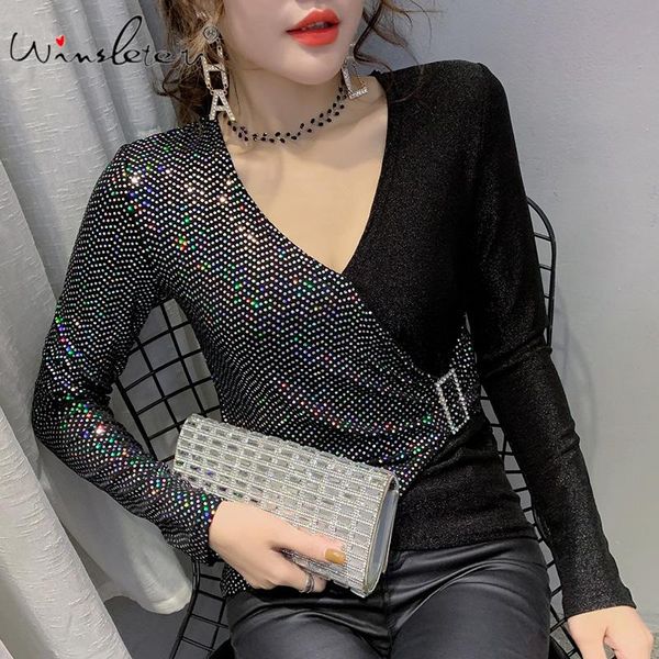 

women's t-shirt shiny bling women 2021 sequins diamond buckle color block patchwork long sleeve ropa mujer t02311b, White