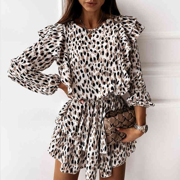 

autumn boho cascading ruffle leopard dress female casual long sleeve a line floral print dress women elegant midi party vestidos x0521, Black;gray