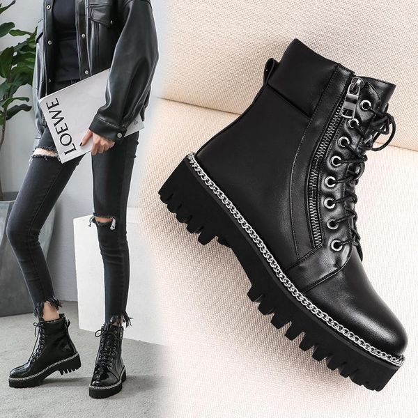 

boots woman soft split leather women ankle motorcycle female autumn winter shoes punk1, Black