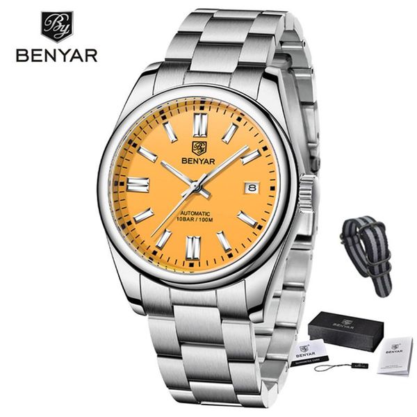 

wristwatches benyar mechanical wristwatch men automatic watch stainless steel 100m waterproof sports clock reloj hombre, Slivery;brown