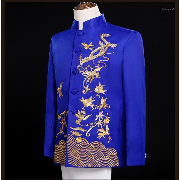 

men's trench coats 2021 blue and white porcelain embroidery stand collar chinese style clothing coat, Tan;black