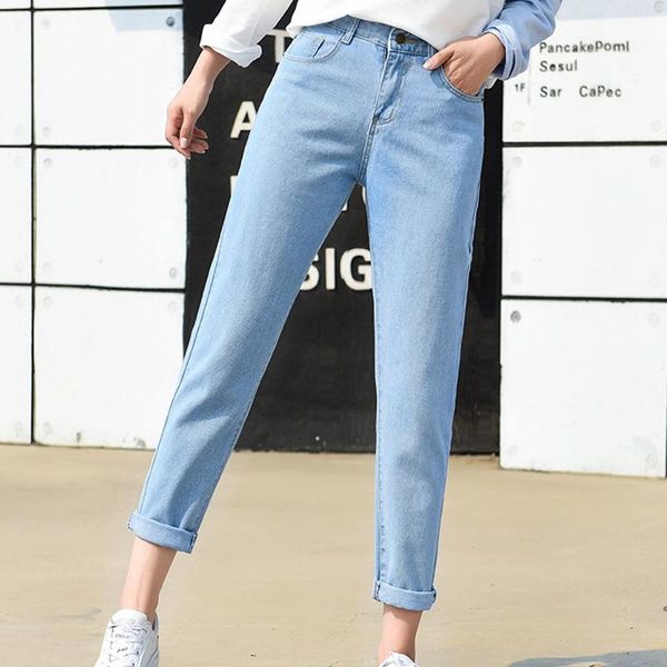 

solid wash boyfriend female high waist jeans for pencil pants denim mom long woman plus size women's, Blue