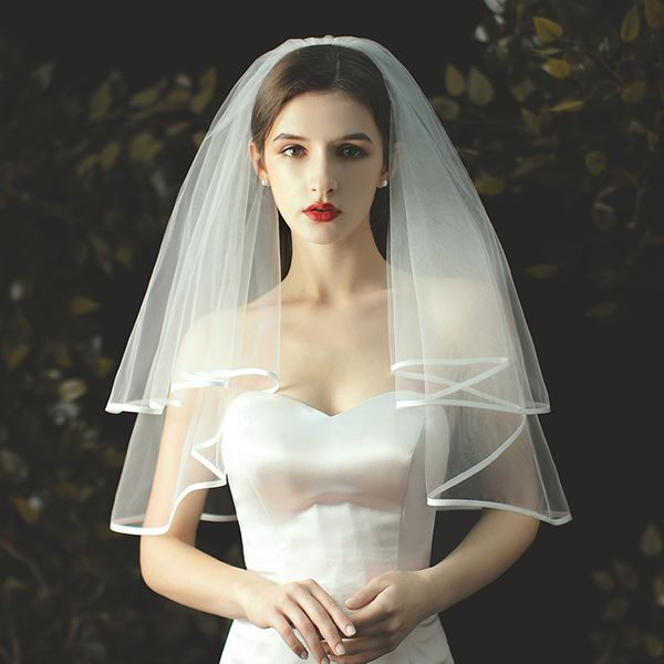 

v703 graceful elbow length white marriage bridal veil two-layer plain tulle ribbon edge wedding party bride headdress with hair comb, Black