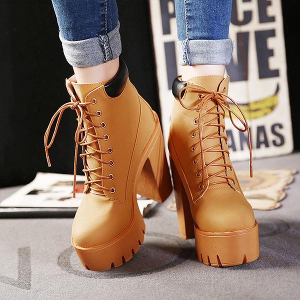 

boots fashion winter autumn platform ankle women lace up thick heel riding equestrian ladies worker shoes brown, Black