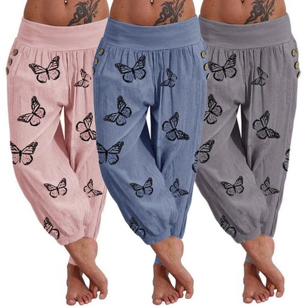 

women's pants & capris s-5xl 7colors butterfly print elastic waist loose capri harem plus size women daily travel trouser, Black;white