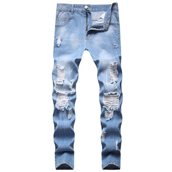 

fashion jeans youth mid waist blue casual wash pants cat beard hole men