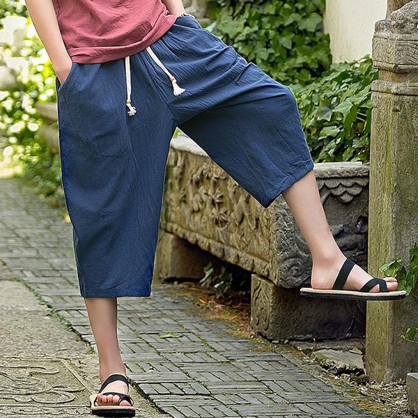 

men's pants cotton linen cropped pant summer cool casual wide leg bloomers drawstring elastic waist calf-length trousers plus size 4xl, Black