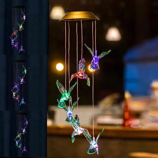 

led solar wind chime light color changing hummingbird home garden hanging lamp