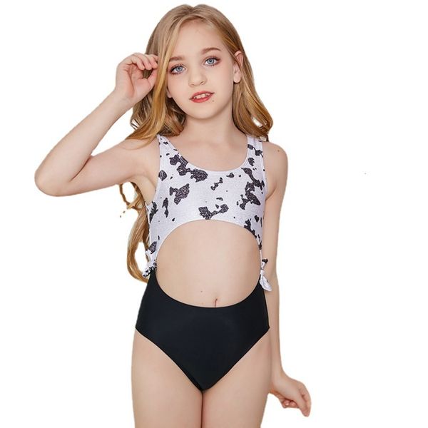 

children's suit children's one piece women's leopard print stitching contrast cut out girls' swimsuit, Black