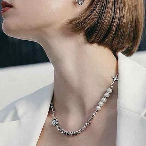 

chains european and american style stainless steel metal chain pearl necklace female clavicle ins hip-hop sweater, Silver