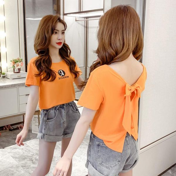 

women's t-shirt ins super fire two sides short sleeve female 2021 summer open back bow loose thin top, White