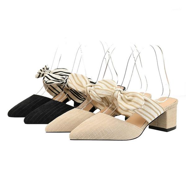 

slippers 2021 women backless pumps fashion bow-knot corduroy pointy-toe pump thick heel low-cut vamp outdoor sandals mules shoes1, Black