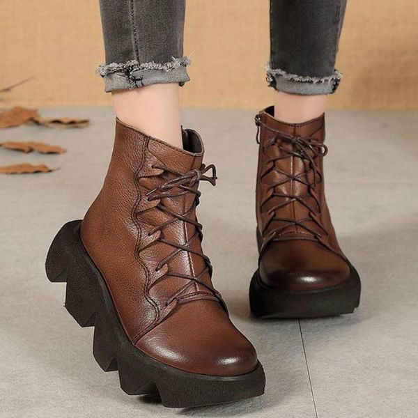 

boots female genuine leather shoes vintage women zip round toe retro leisure 2021 sewing wedges concise ankle platform, Black