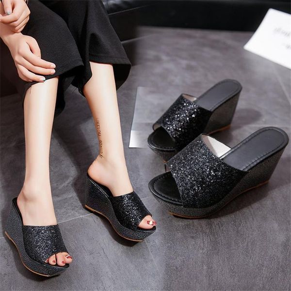 

slippers women's shoes 2021 summer trend sequined platform wedge, Black
