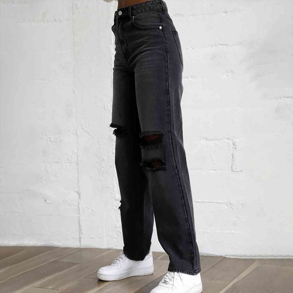 

black ripped streetwear vintage casual womens jeans high waist hole mom woman baggy trousers, Blue