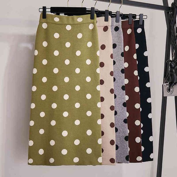 

suits polka dot print women knitted skirt autumn winter high waist warm split party ladies office pencil skirts plus size, Black