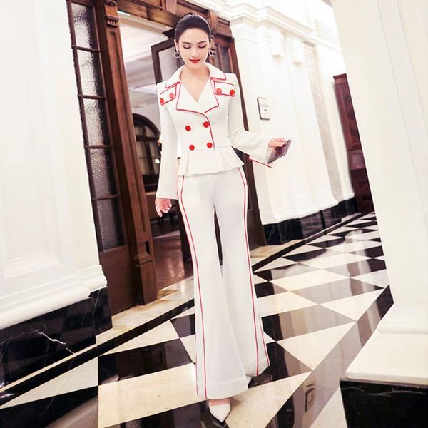 

women's two piece pants 2021 autumn women pieces suits long sleeve blazer coat blouse+long flare trousers lady 2 sets, White