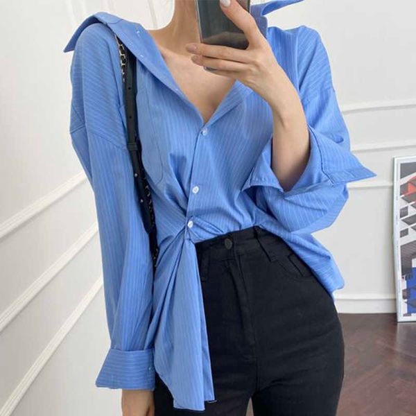

women's blouses & shirts korea single-breasted irregular loose design long sleeve shirt stripe vertical coats dsdh, White
