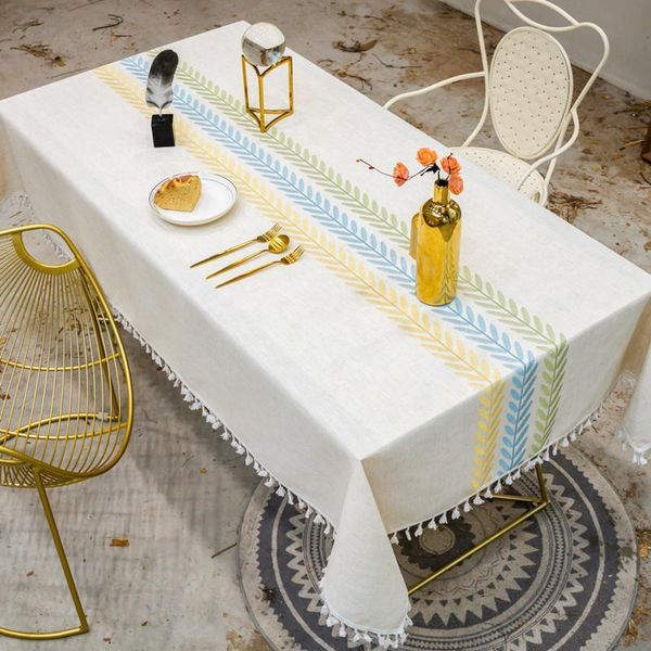 

table cloth embroidery leaves decorative linen tablecloth with tassel waterproof oilproof thick rectangular wedding dining tea