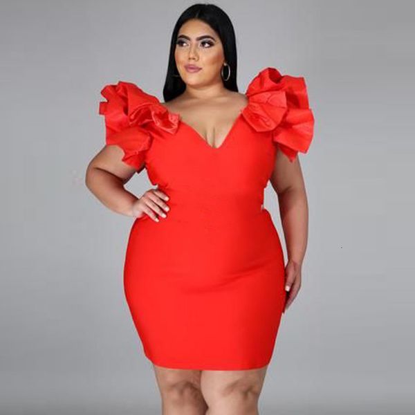 

two piece dress women bodycon party dresses v neck ruffles plus size 4xl 5xl red hig waist mini cocktail evening robes for la, White