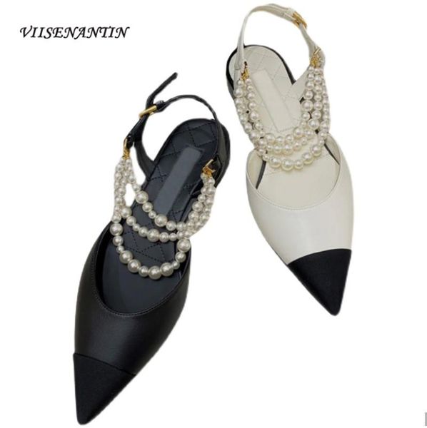 

sandals summer leather rear empty roman 2021 small fragrance pearl stiletto pointed toe color matching flat shoes, Black