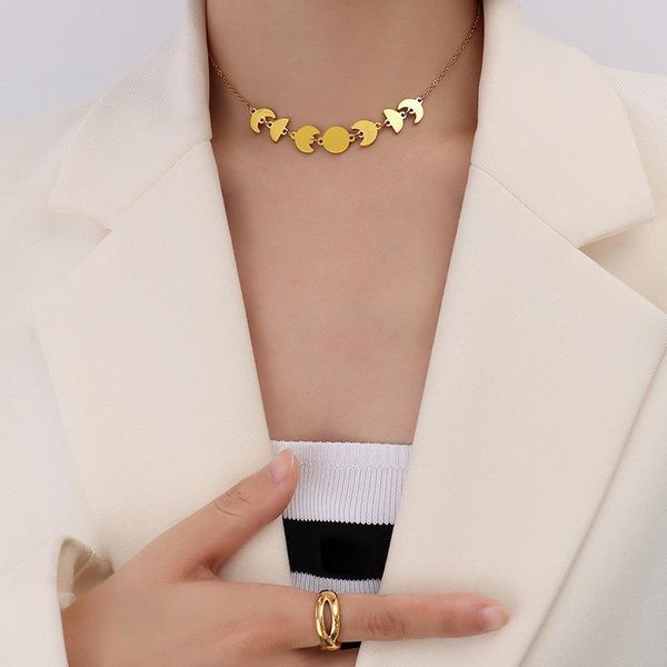 

chokers 18k real gold plated stainless steel round moon shape pendant necklace for women statement unique jewelry, Golden;silver