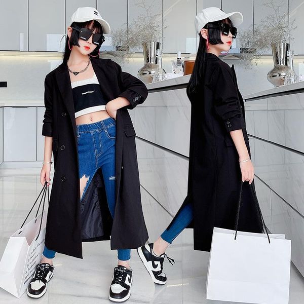 

coat girls windbreaker jacket autumn 2021 long children trench black loose girl clothes kids suit outerwear casual teenager, Blue;gray